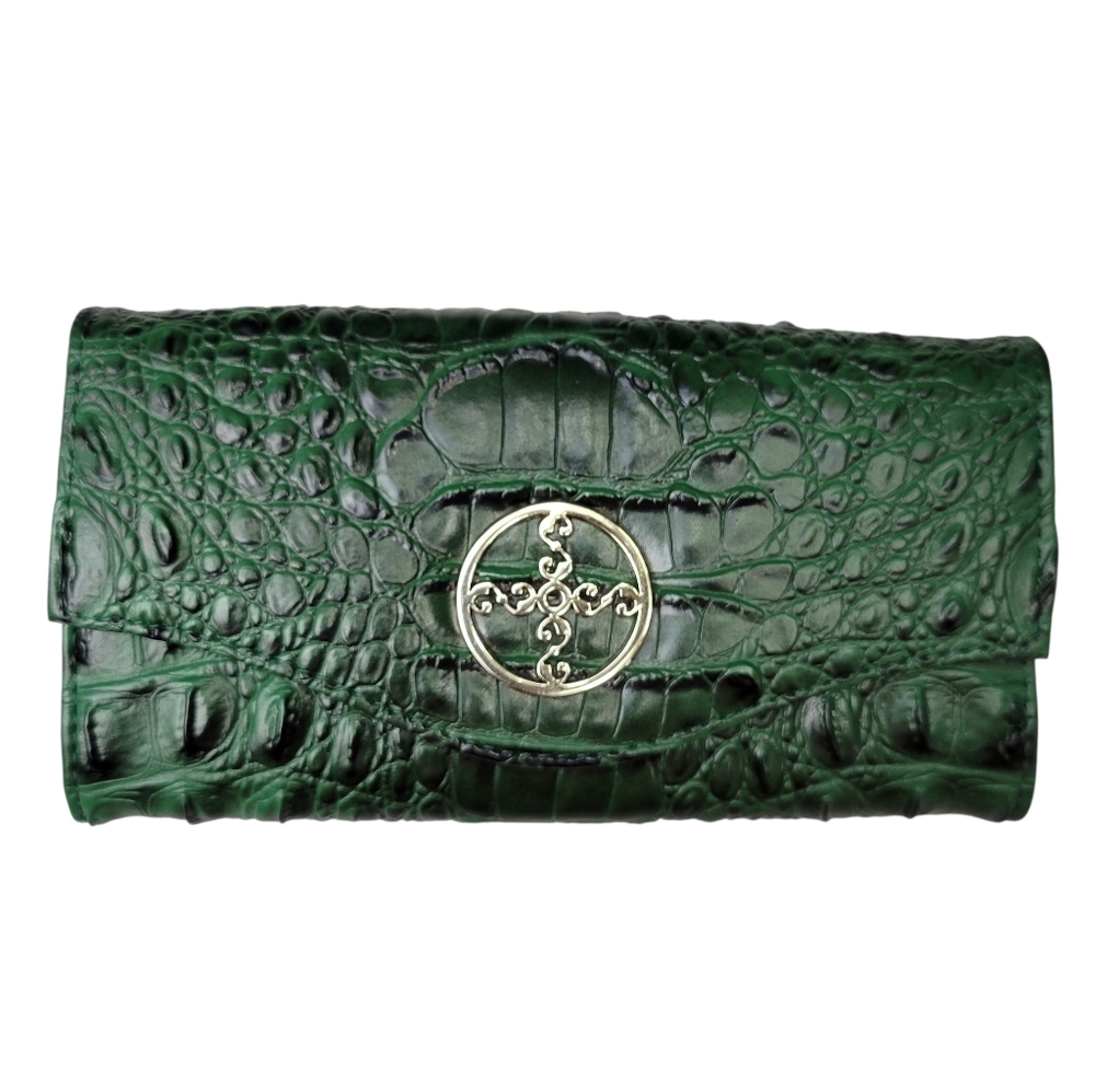 STAUER Emerald Green Croc-Embossed Leather Wallet w/ Gold Medallion